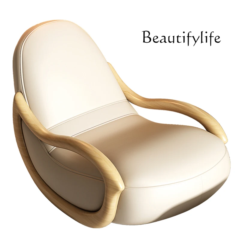 

Cream Style Solid Wood Rocking Chair Leisure Chair Chinese Lazy Sofa Faux Leather Balcony Leisure Chair