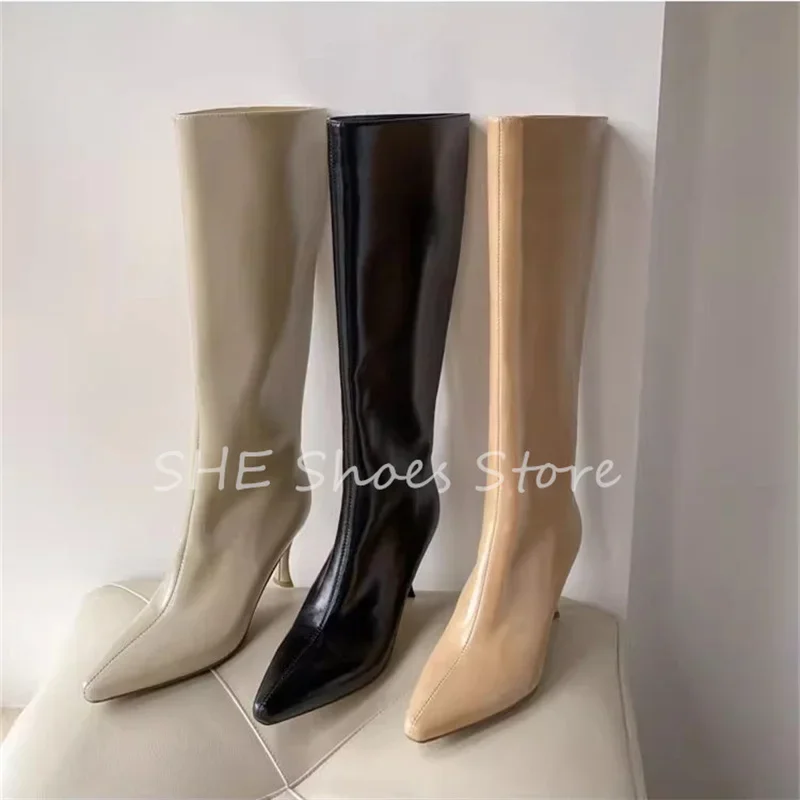 

Пикантные женские эластичные сапоги на высоком каблуке с острым носком, сапоги до колена из натуральной кожи, женские модельные туфли для подиума