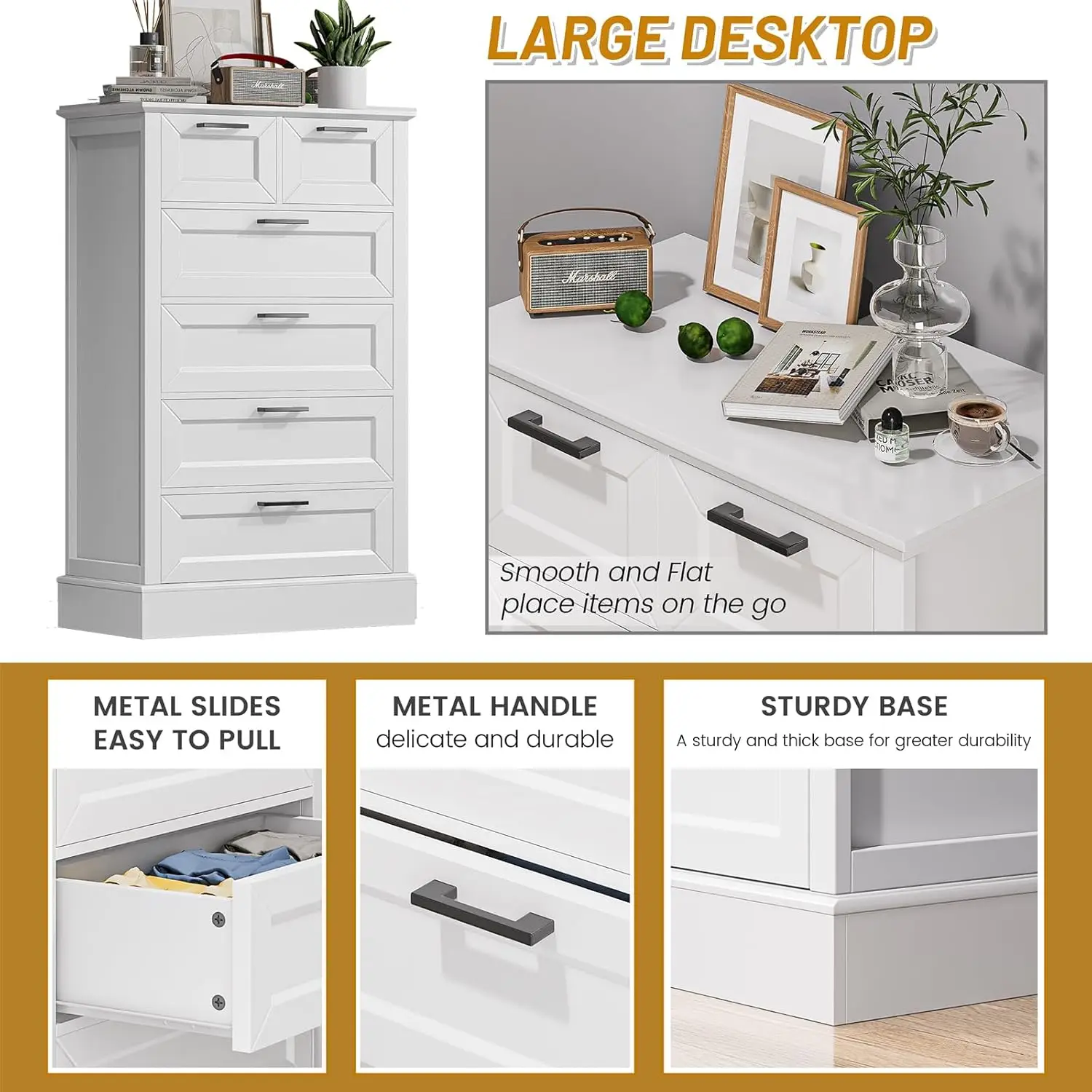 White Dresser with 6 Drawers, Vertical Tall Dresser for Bedroom, Wood Dresser for Hallway, Living Room, Chest of Drawers for Nur