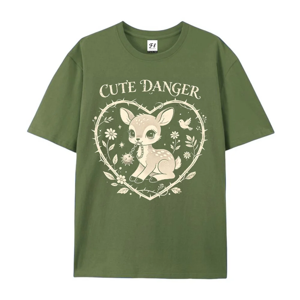 Women Men Cute Danger T Shirt Fawn Graphic Printed Tee Vintage Harajuku Casual Oversized Purple Tops Short Sleeve