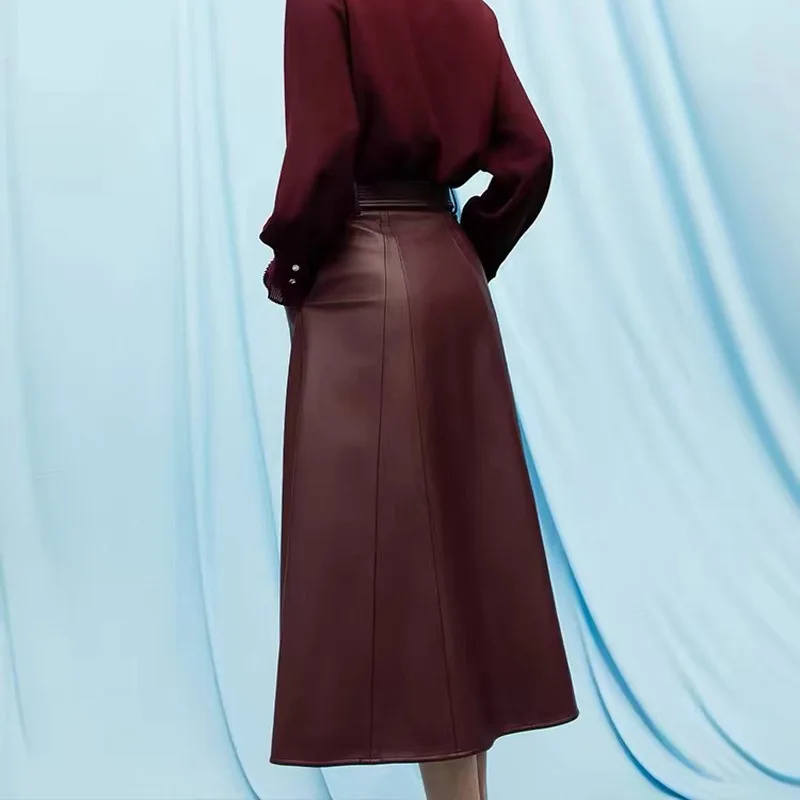 Women Genuine Leather Skirts Ladies Slim Fit Wrap Wine Red Skirt A Line Elegant Women Mid High Waist Wrap Pencil Skirt