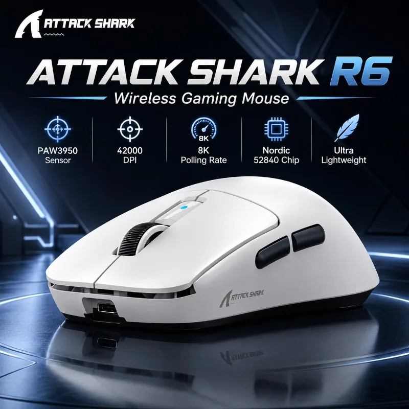 ATTACK SHARK R6 Ergonomic Wireless Gaming Mouse PAW3950 Max Nordic 52840 8K Polling 42000 DPI Lightweight for PC Mac Gamer FPS