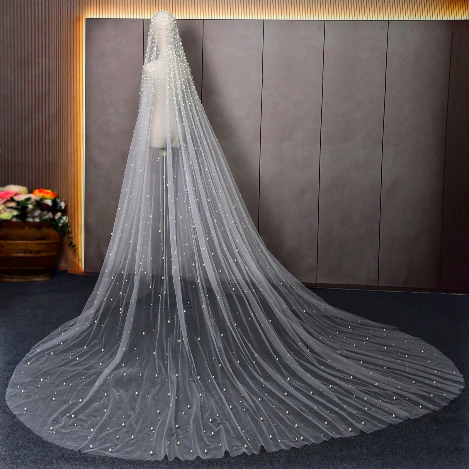 Véu De Casamento Longo Com Pérolas, Acessórios De Cabelo De Noiva, High End Frisado 3 m, 4 m, 5m, 1 Tier Pearl, VP113, Luxo