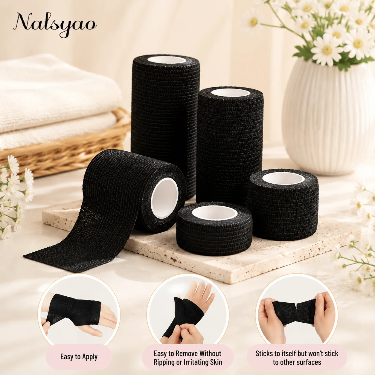 Black Colour Athletic Elastic Bandage Self Adherent Cohesive Bandage Wrap Stretch Non Woven Self Adhesive Tape kinesiotape