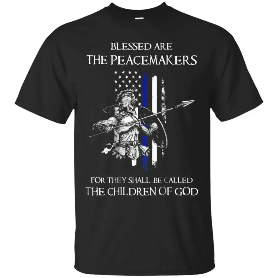 Blessed Are The Peacemakers. Sparta Thin Blue Line Flag T-Shirt 100% Cotton O-Neck Short Sleeve Casual Mens T-shirt Size S-3XL