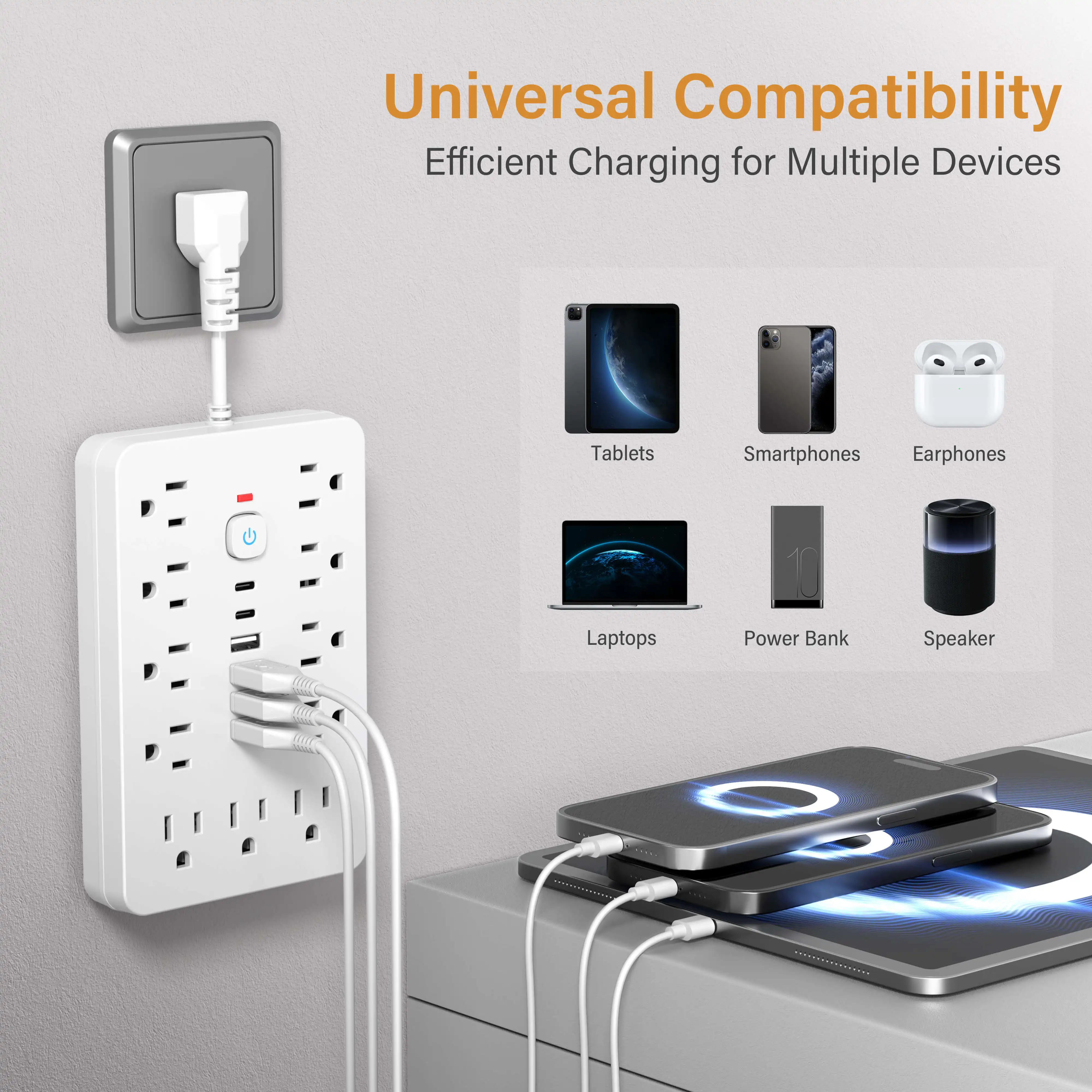 Versatile 17-in-1 Power Hub with Surge Protection - Includes 11 AC Outlets, 4 USB Ports & 2 Type-C