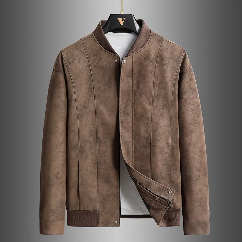 

Trend Baseball Collar Leather Jacket for Men's High End Suede Casual Short Coat Social Business Motorcycle Jacket Streetwear