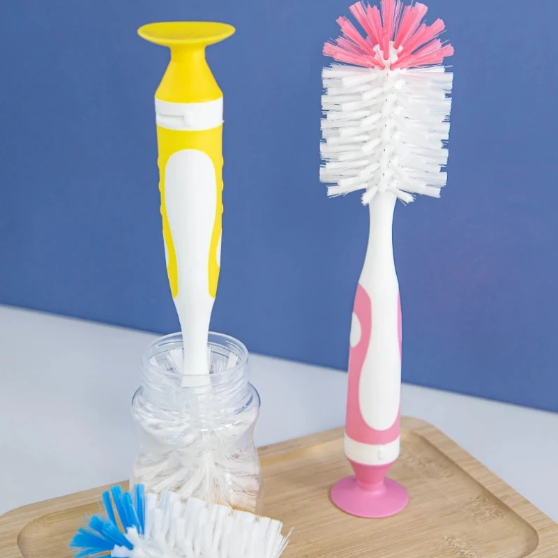 1Pcs 2 in 1 Nylon Baby Bottle Brushes with Sucker Stand Type Cup Cleaning Brush Nylon Baby Feeding Bottle Clean Tools 3Colors