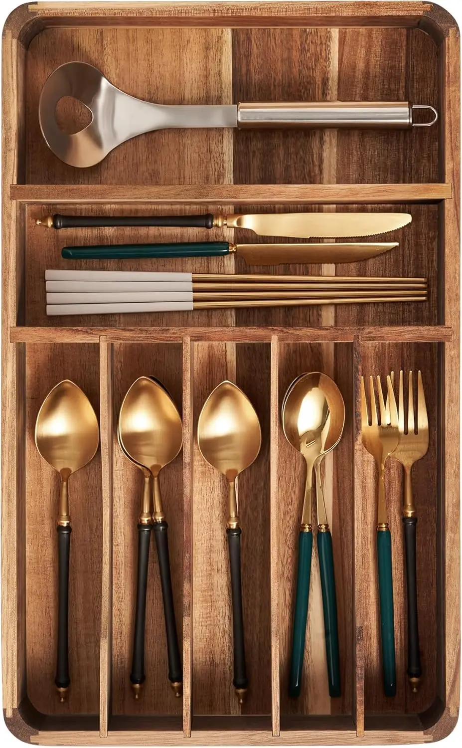 

Silverware Drawer Organizer, Acacia Wood Tray for Cutlery & Flatware | Fixed 10.5' Wide, 7