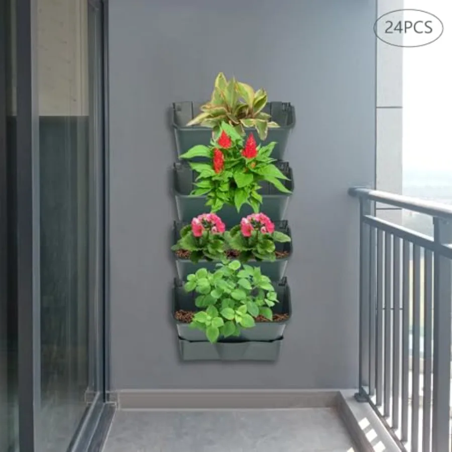 24 Pocket Vertical Wall Hanging Planter for Indoor/Outdoor Use, Army Green PP Material, Auto Drip Irrigation, 154lbs Max Load,