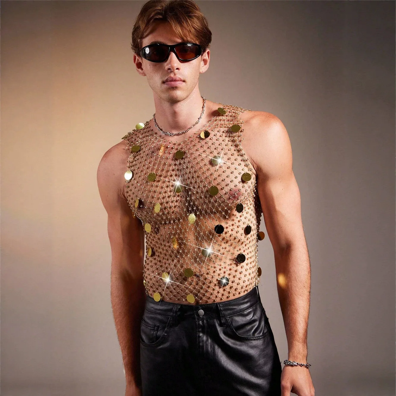Handmade Hollow Out See Through Mesh Sequined Vest Shirts for Men Sexy Night Clubwear Dance Party Rhinestone Fishnet Top T-shirt