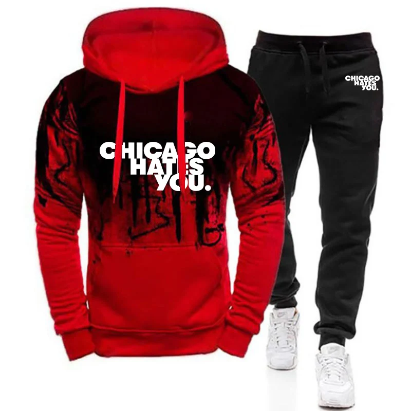 Chicago Hates You Same 2025 Spring Autumn Men's Trendy Gradient Color Hooded + Popular Sweatpants Comfortable Suit
