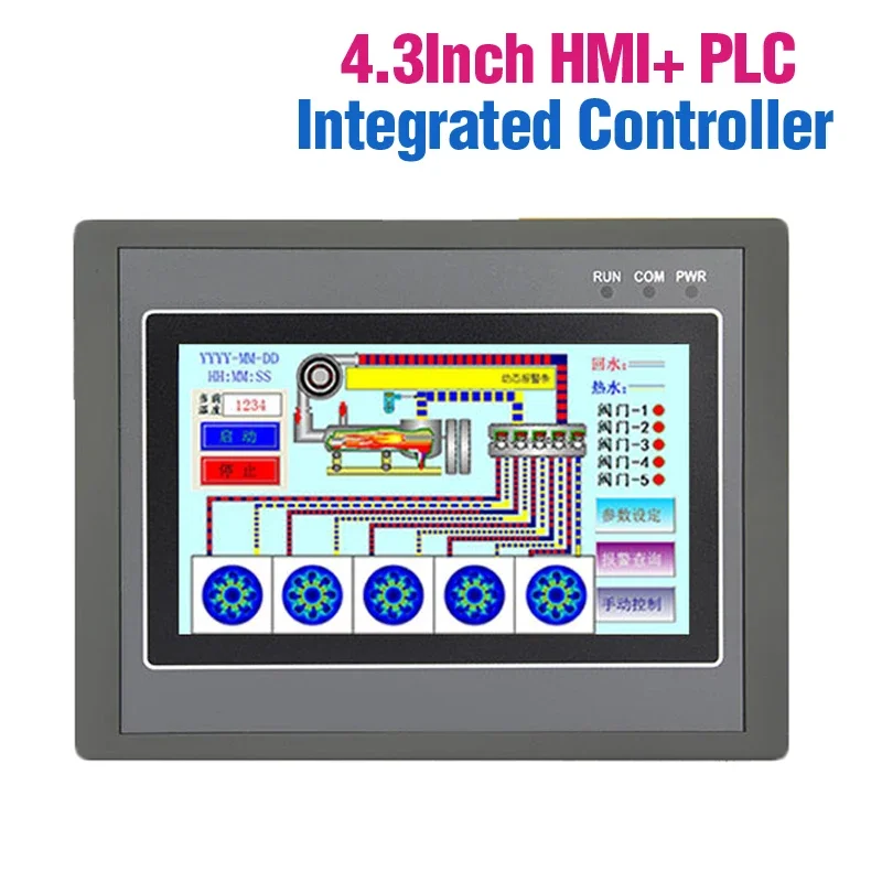 4.3 ''MX2N-43HB-24M HMI PLC All-in-one คอนโทรลเลอร์ทรานซิสเตอร์12DI ดิจิตอล12DO อนาล็อก4AI 2A0 0-10V RS232 RS485