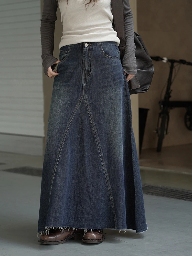 FANAN Spliced Design Washed Denim Skirts For Women High Waist A-line Mid-length Temperament Streetwear Skirt 2025 Autumn New