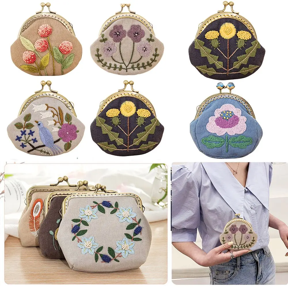 Handmade DIY Flowers Bird Embroidered Clutch Coin Purse Wallet Mobile Phone Bags Kit Embroidered for Wallet Crafts