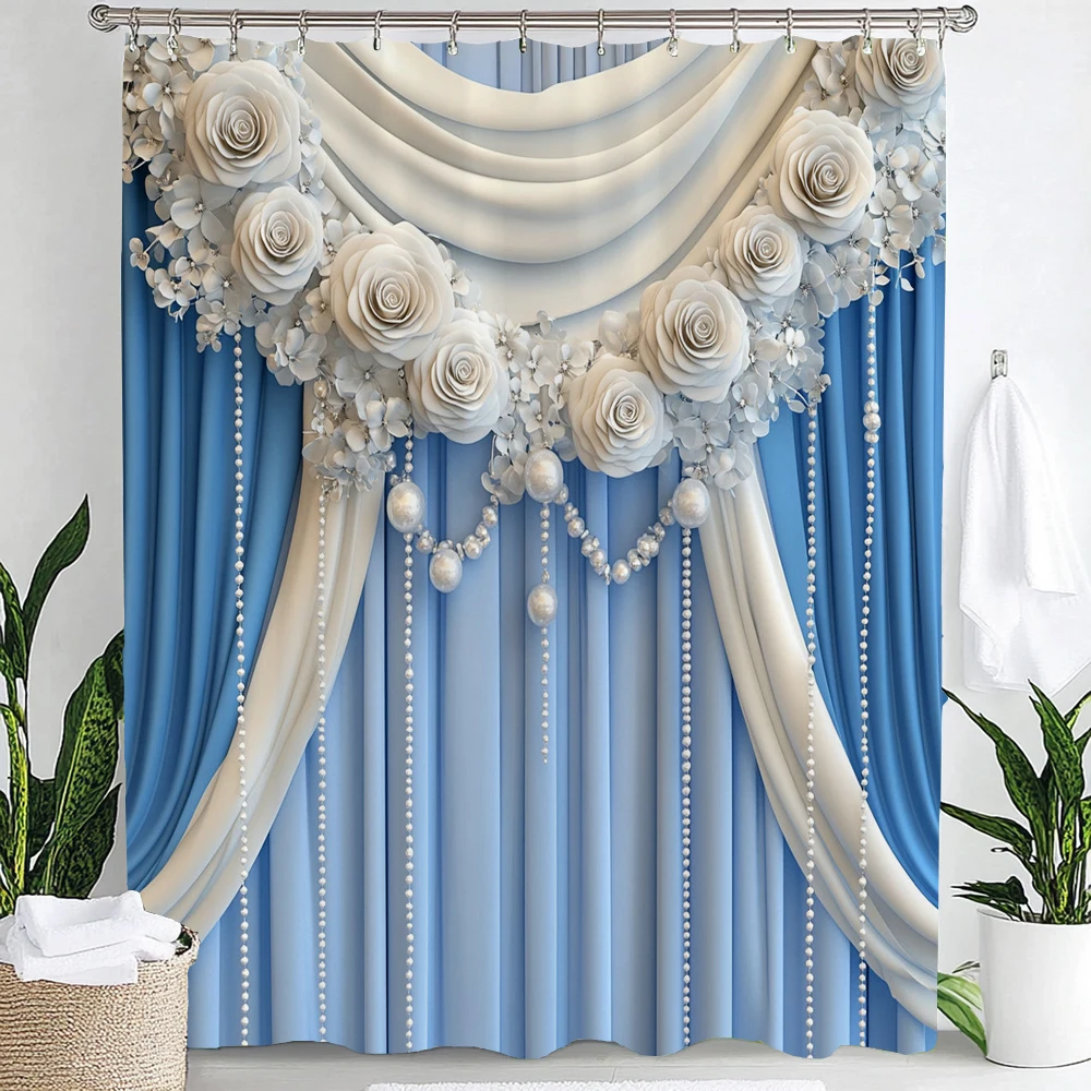 

Nordic Imitation style Gorgeous Blue Palace Shower Curtain, Bathroom Decorative Shower Curtain, Home Curtain with Hooks