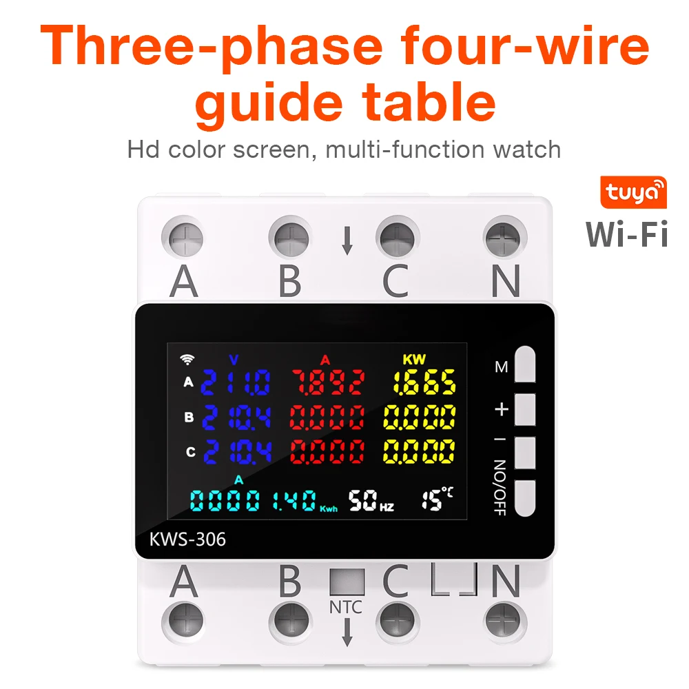 KWS-306WF Digital Energy Tester Current Voltage Protector Relay Switch Color Screen 3P Guide Rail Table 85-290V WiFi Power Meter