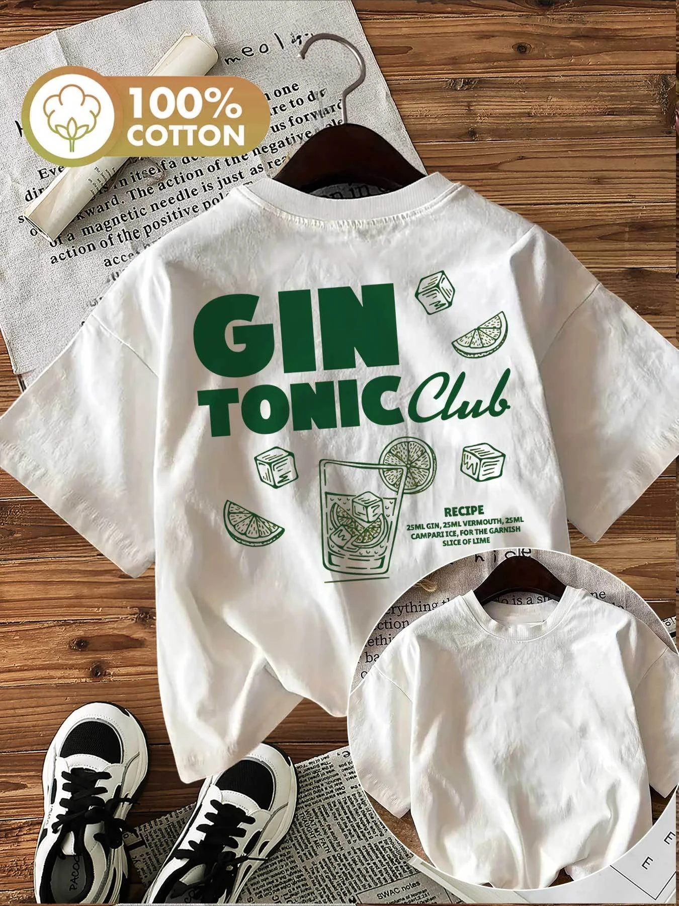 Cube of Ice Lemon Slice GIN TONIC Club RECIPE Printed Shirt Round Neck Short Sleeve Graphic Tops Vintage Women's Fashion T-Shirt