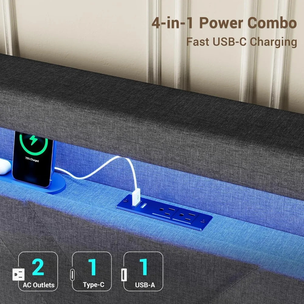 Luxe platformbed met linnen bekleed met RGB LED-hoofdeinde, USB-C/A-oplaadpoorten en opberghoofdeinde