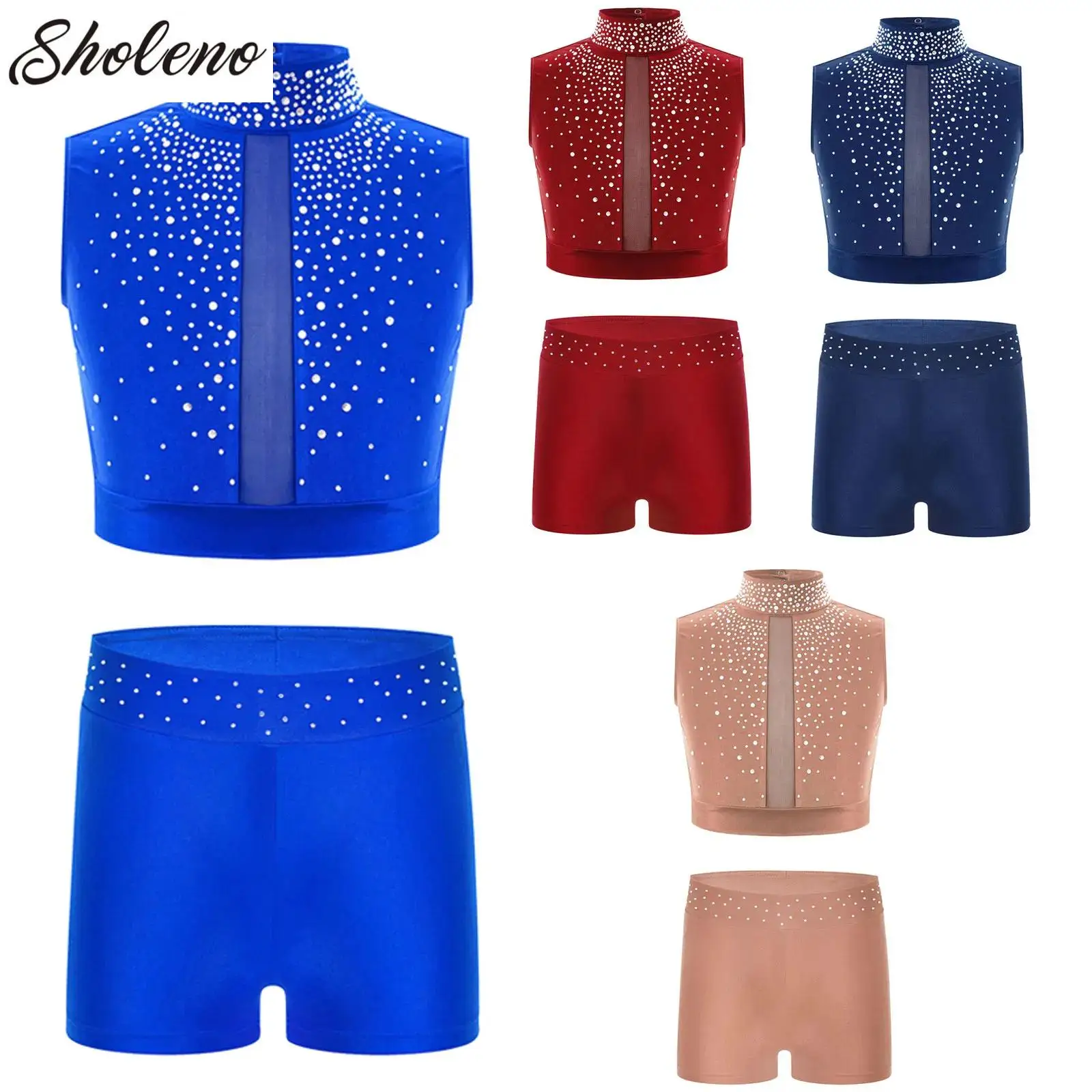 

Kids Girls Modern Lyrical Dance Ballet Skating Gymnastics Cheer Performance Dancewear Sleeveless Shiny Crop Top with Shorts Set