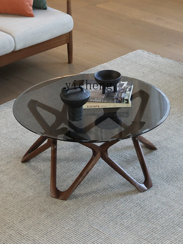 Zk Coffee Table round Solid Wood Tempered Glass Small Apartment Living Room Sofa Table Black Walnut Wooden round Table