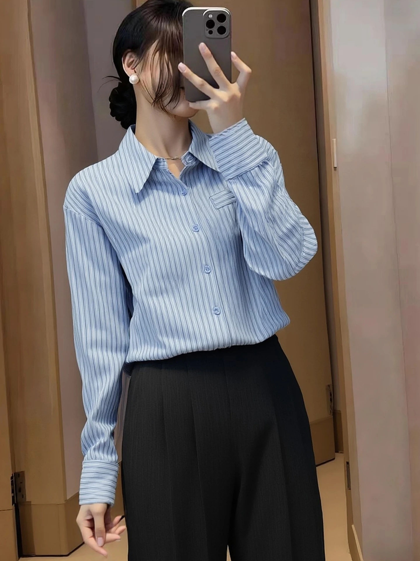 

Модная женская шелковая блузка в полоску с цветовыми блоками, длинным рукавом, в корейском стиле, прямого кроя, для офиса, премиум-бренд, весна 2026