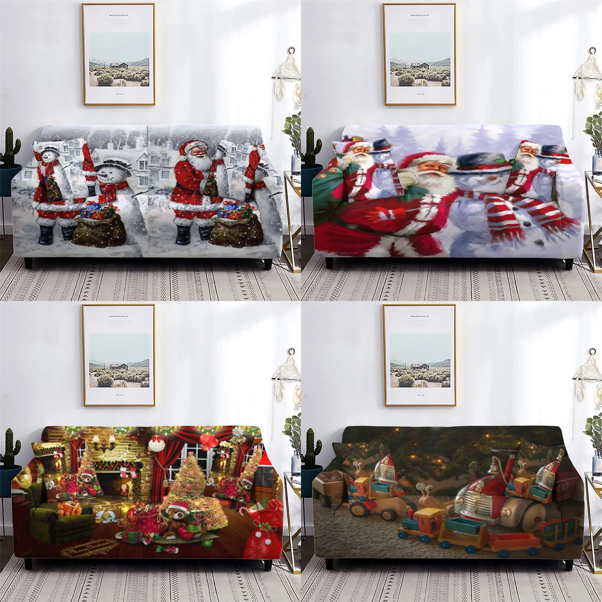 Christmas Style Seat Covers For Home Sofa Santa Claus Pattern Sofa Cover With Elastic 4 Retractable And Reclining Sofas Covers