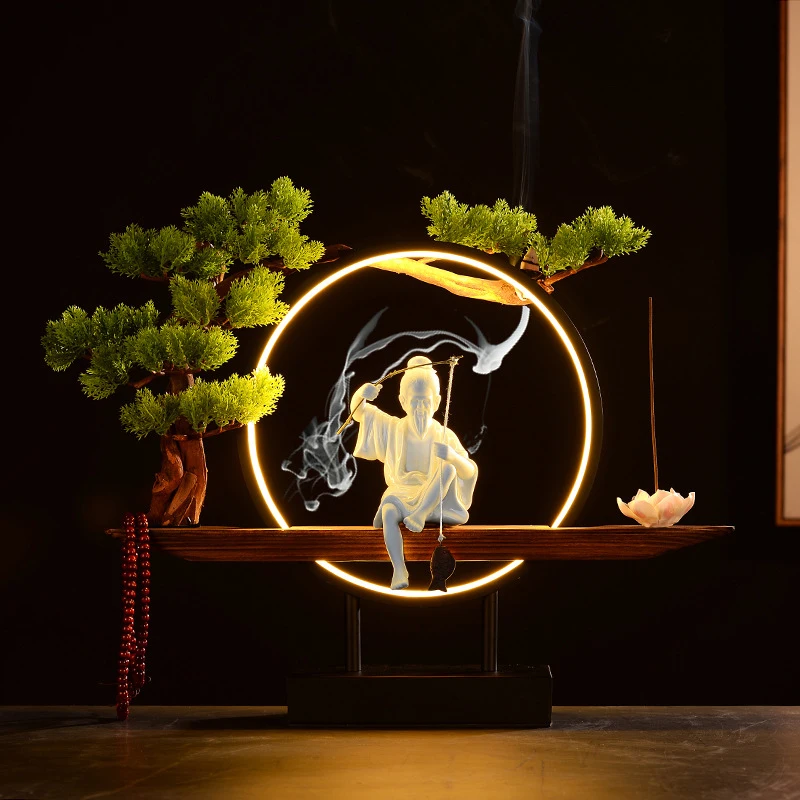 New Chinese Zen-Style Night Light Ceramic Ornament, Jiang Taigong Fishing Design, Purple Clay Creative Backflow Incense Burner,