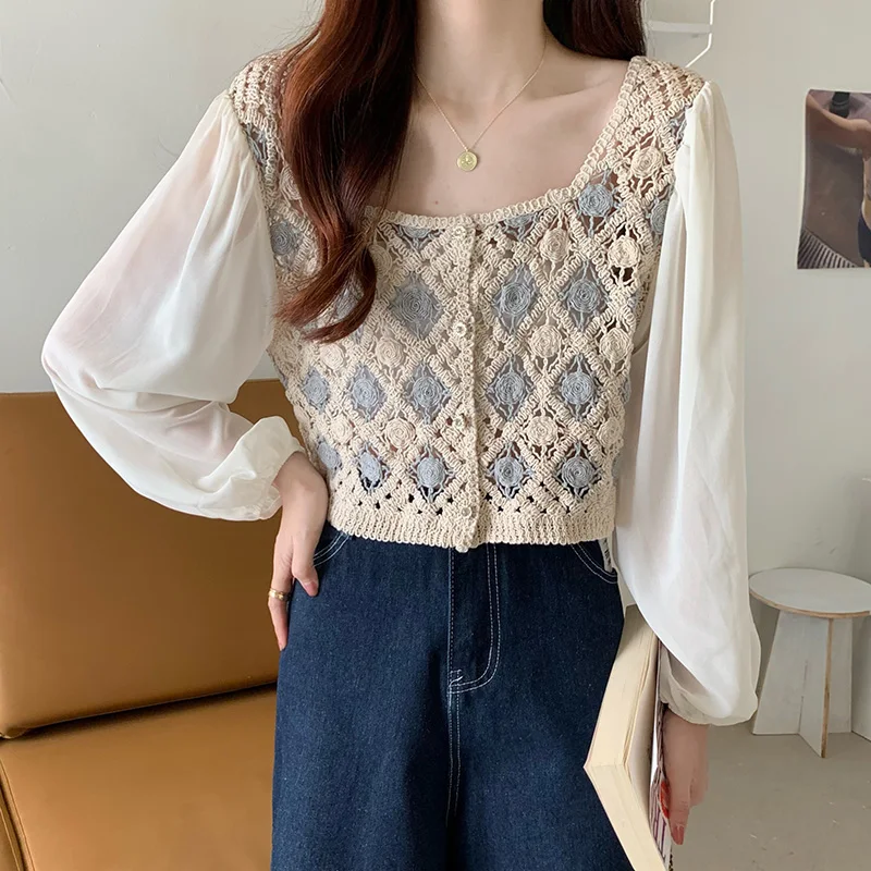 Korean Summer Chiffon Shirt Women Blouse Square Neck Loose Top Hollow Out Spliced Sunscreen Shirt