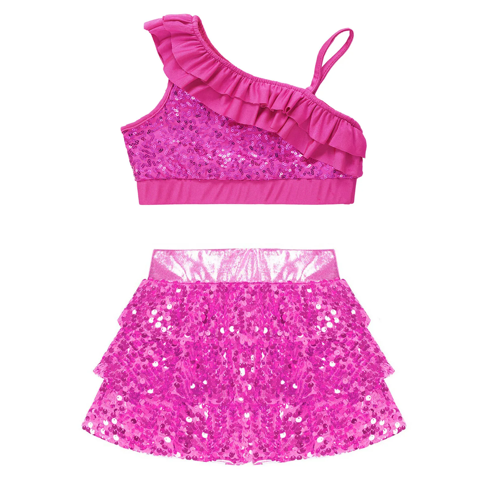 Conjunto de 2 piezas de lentejuelas para niñas, traje de baile latino de Jazz, Top corto metálico con falda de Culotte, traje de actuación de salón