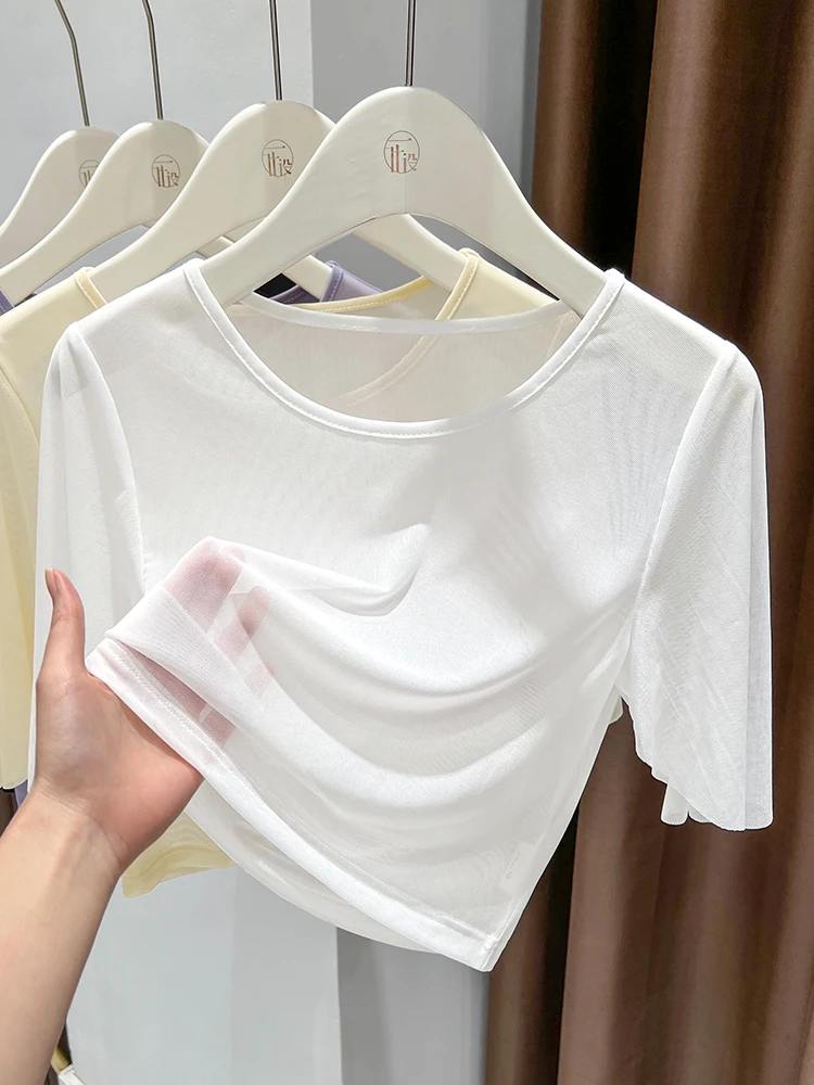 

Женская футболка из ледяного шелка с сетчатыми вставками, прозрачная, тонкая, на кружевных бретелях, с коротким рукавом, легкий топ, новинка 2025 года