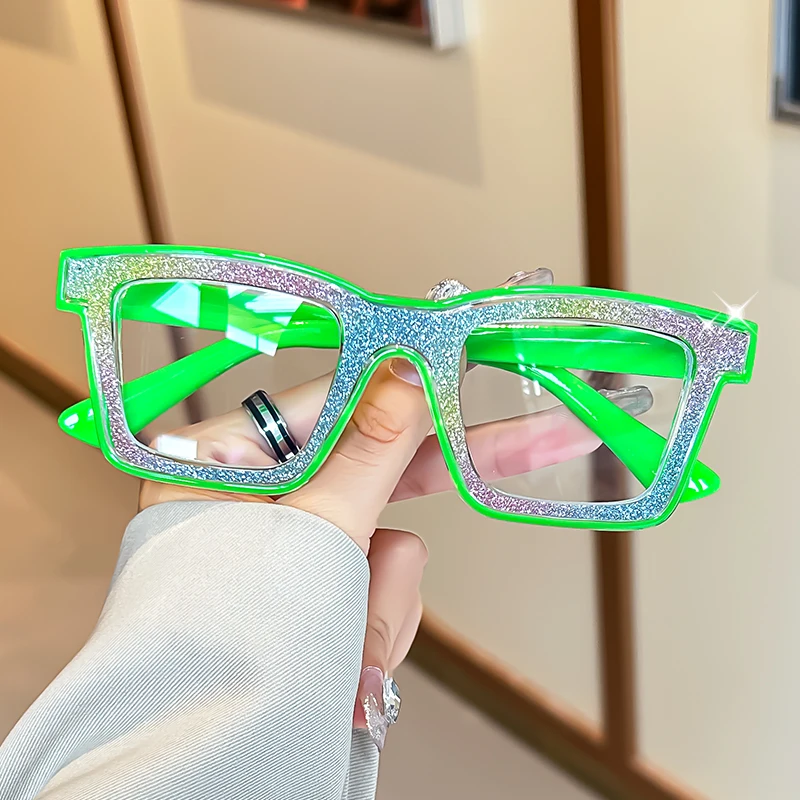 Oyalie Square Frame Glitter Patch Reading Glasses Rainbow Glitter Patch Square Frame Gradient Face-Shaping Traditional-Defying Clear Vision Men's and Women's Reading Glasses with Prescription Coverage from +1.00 to +4.00 Degrees