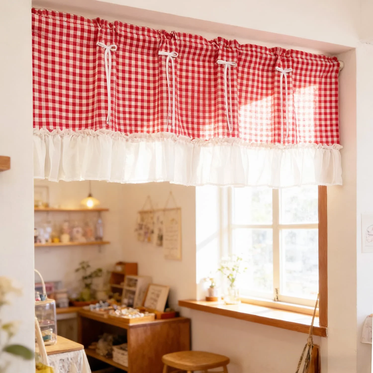 Red White Gingham Curtain Ruffled White Trim Short Valance with Bow Tie for Kitchen Window Cabinet Sink Home Decor