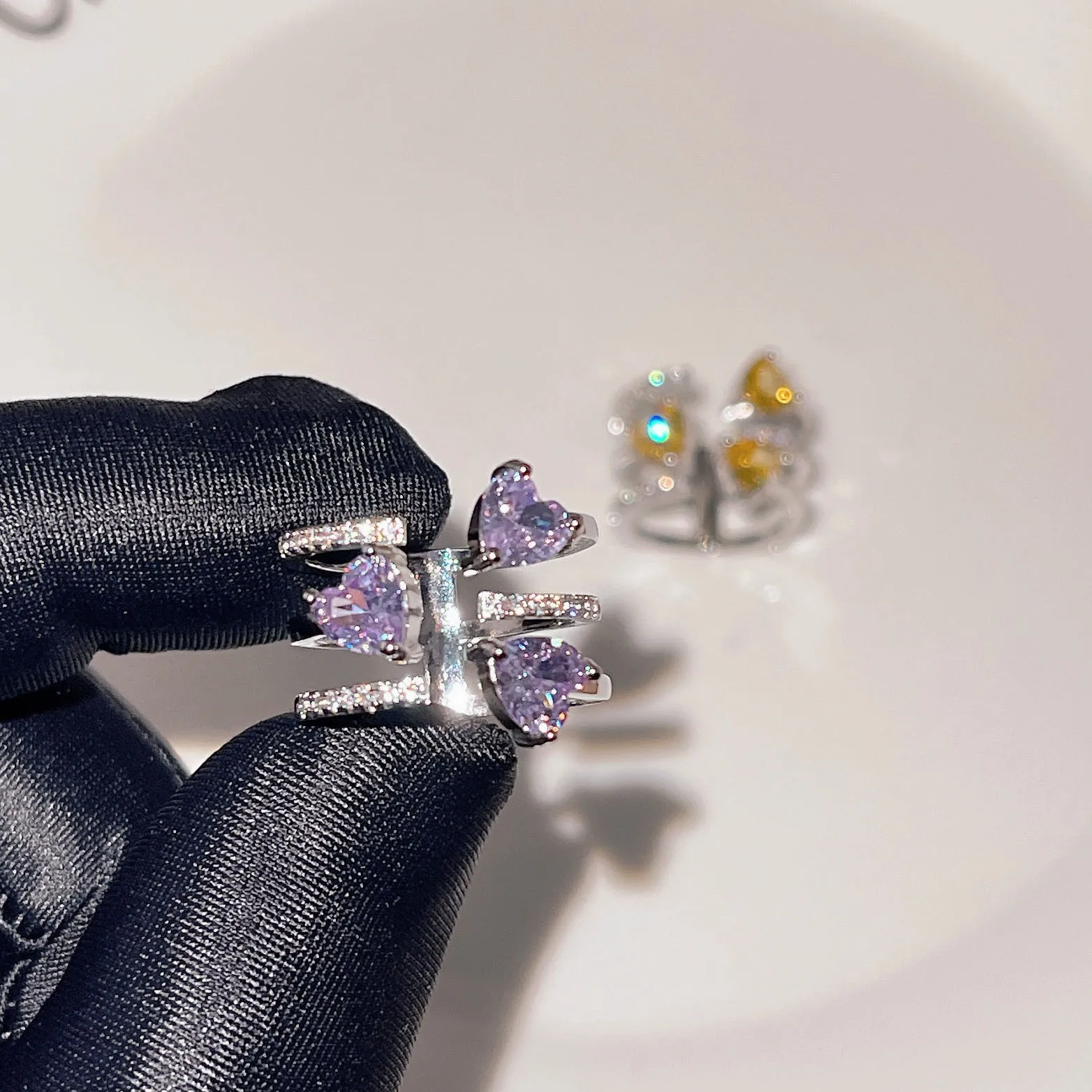 Trend Light Luxury Three Heart Purple gem rings for women Fashion inlay Diamonds Shining Ring Girls' Jewelry Gift