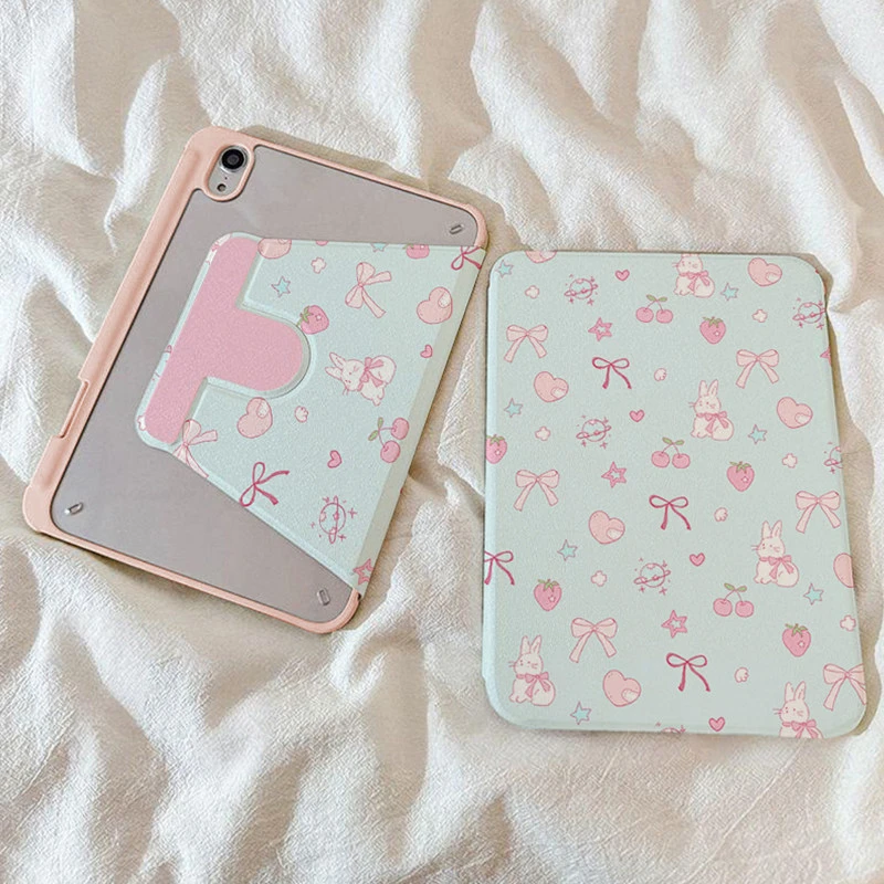 Pink Rabbit Sweet Cherry 360° Rotation Cover For iPad Pro 13 11th M5 M4 12.9 A16 10 8 7 9th 10th Air 11 M2 M3 Mini Tablet Case