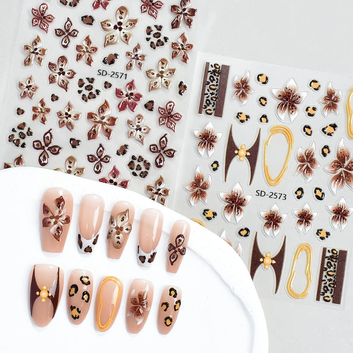 5D Relief Retro Leopard Ice Flowers Adhesive Nail Art Stickers Decals Manicure 3D Maillard Wild Brown Petals Ornaments Suppliers