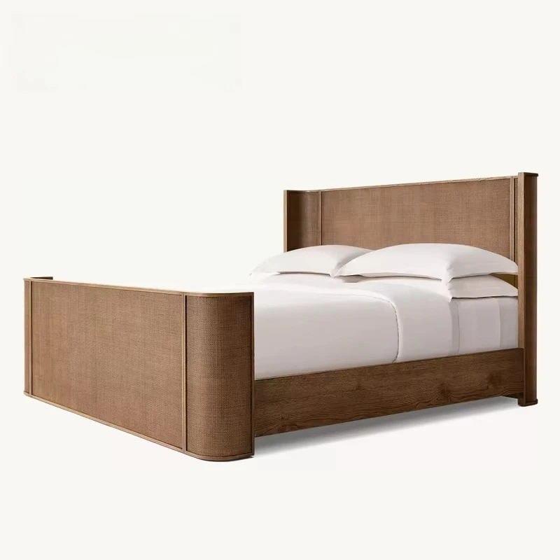 Luxury Oak Double Bed Villa Bedroom Upholstered Bed Apartment Bedroom Solid Wood Bedresort Hotel Guest Room Furniture Set