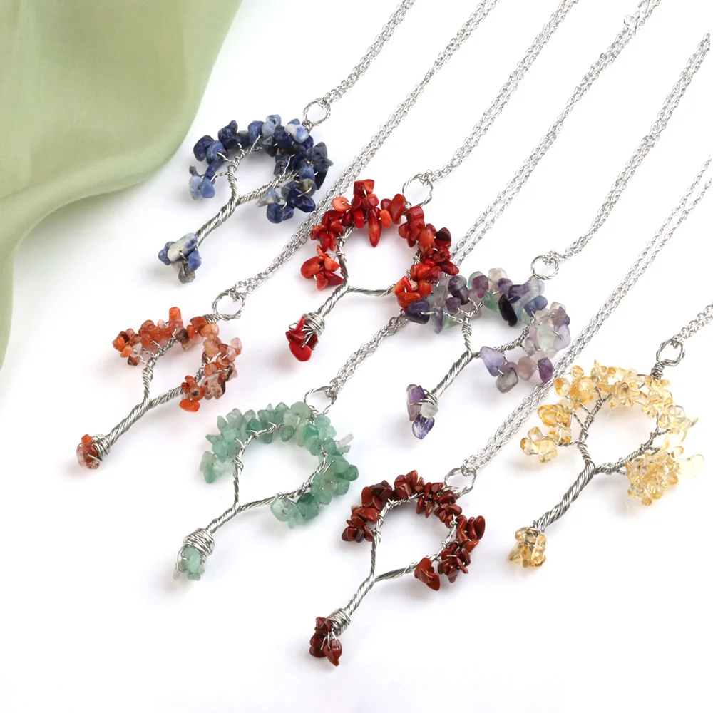 Tree of Life Natural Crystal Necklace 12 Chip Quartz Fluorite Aventurine Winding Pendant Charm Women Jewelry Necklace Gift