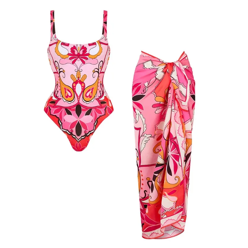 

Sexy Swimsuit Women Retro Printed Push Up Printed One Piece Swimsuit and Sarong Monokini Bathing Suits Swim Suit Wear Beachwear