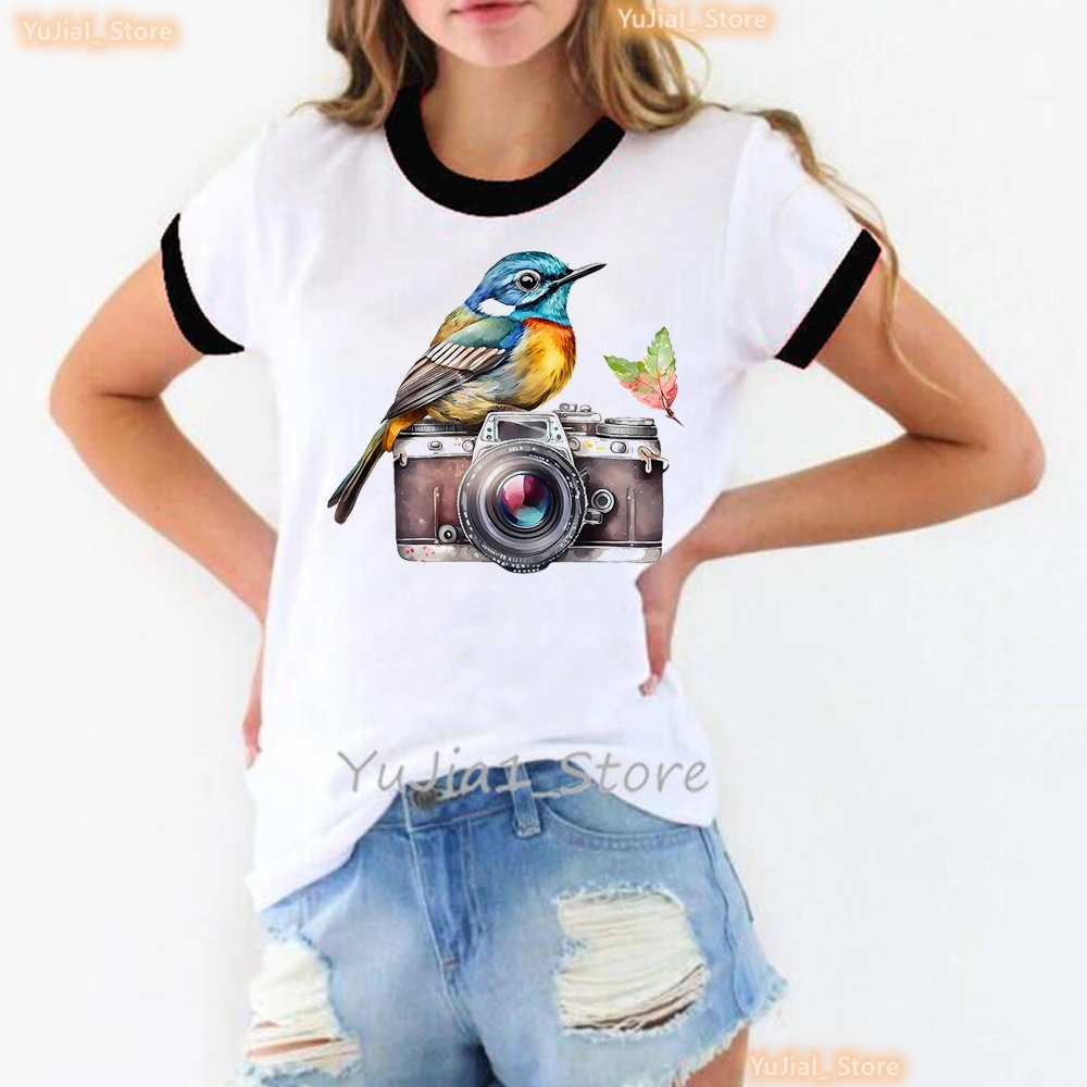 

Vintage Tshirt Girls Watercolor Camera Butterfly Flowers Print T Shirt Women'S Clothing Summer Tops Fashion T-Shirt Female