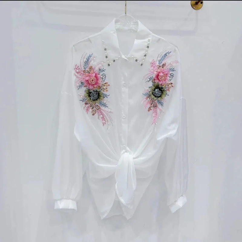 Embroidered Flares Rhinestone Flower Women\'s 2024 Spring and Autumn Spliced Polo Neck Button Elegant Long Sleeved Blouses Shirts