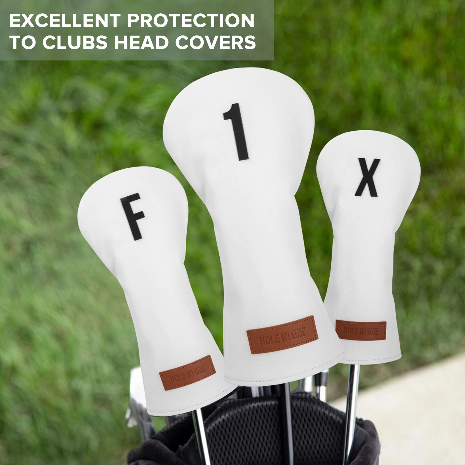 White Premium Leather Golf Headcovers, Golf Driver Fairway Wood Hybrid Head Cover, Embroidery with Number Tags