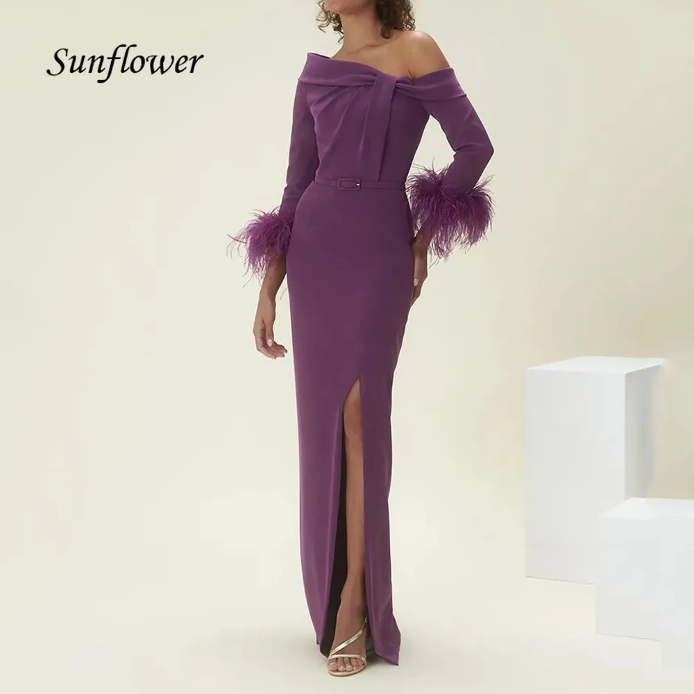 

Sunflower Purple Off the Shoulder Crepe Mermaid Formal Evening Dress Slim Feathers Long Sleeve Floor-Length Prom Dress