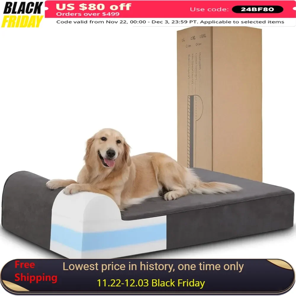 7 Inch Dog Bed with 4 Inch Headrest Memory Foam, Chew-Resistant & Washable Microsuede Cover, Waterproof Inner Case, Dog Bed