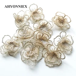 10pcs/Lot Sew On Lace Flower Patches White Sub Gold Organza Flower Appliques for Bridal Wedding Dress Clothes DIY Decoration