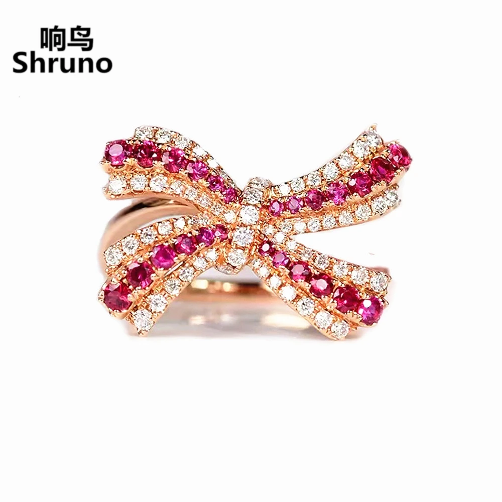 Shruno Solid 14K Rose Gold Bowknot Natural Diamonds Ring Customized Real Ruby Ring For Women Gemstone Unique fashionable Jewelry