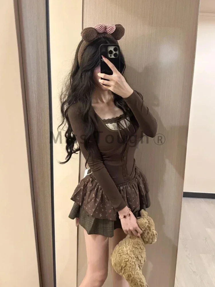 

2025 Bow Long Sleeved T-shirt Women Sweet Lace Up Patchwork Sexy Floral Printed Casual Cake Skirt Two Piece saduhiu2