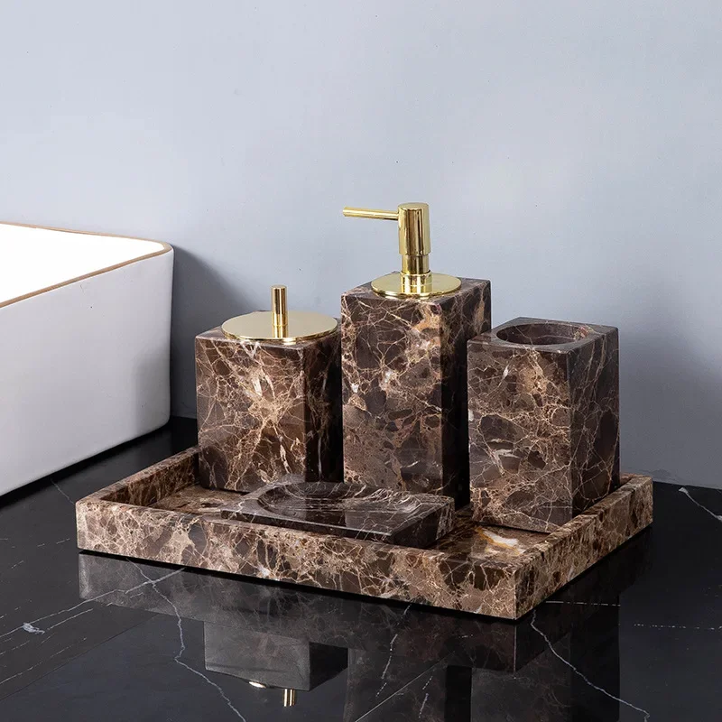 Emperador Dark Natural Marble Bathroom Set Brown Luxury Toothbrush Holder Soap Dish Soap Dispenser Bathroom Accessories - view 4