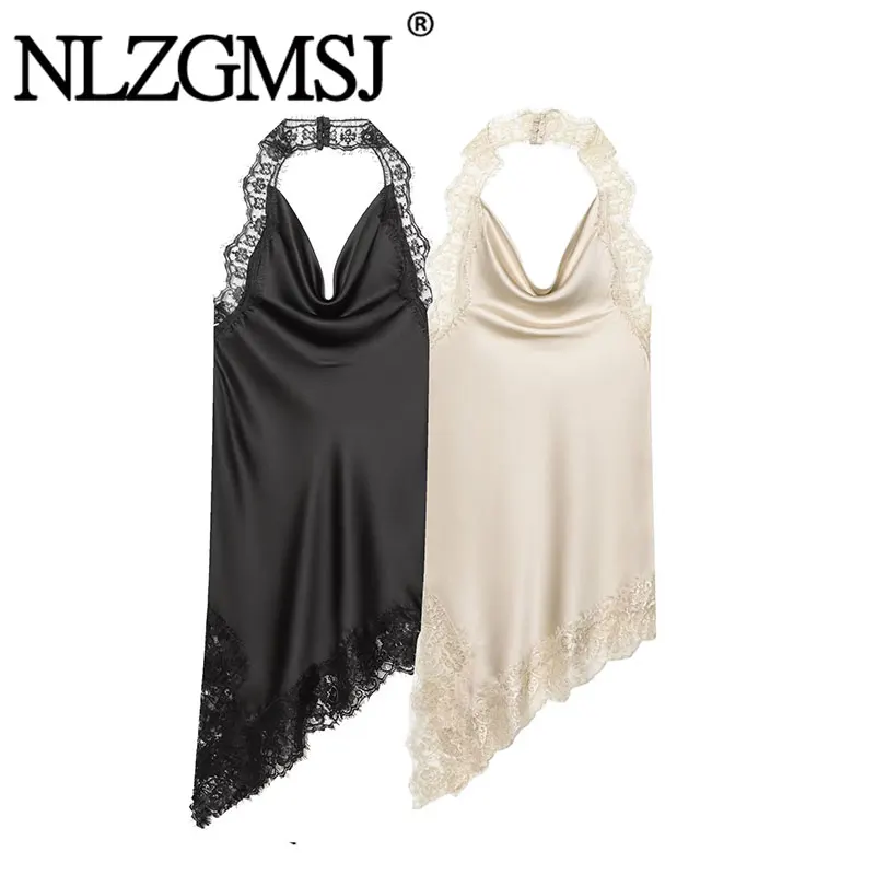 TFAFXY 2026 Frühling Sommer Elegantes Sexy Neckholder-Kleid mit Spitzeneinsatz, Satin, Ärmellos, Rückenfrei, Strand-Chic-Kleid, Abendkleid