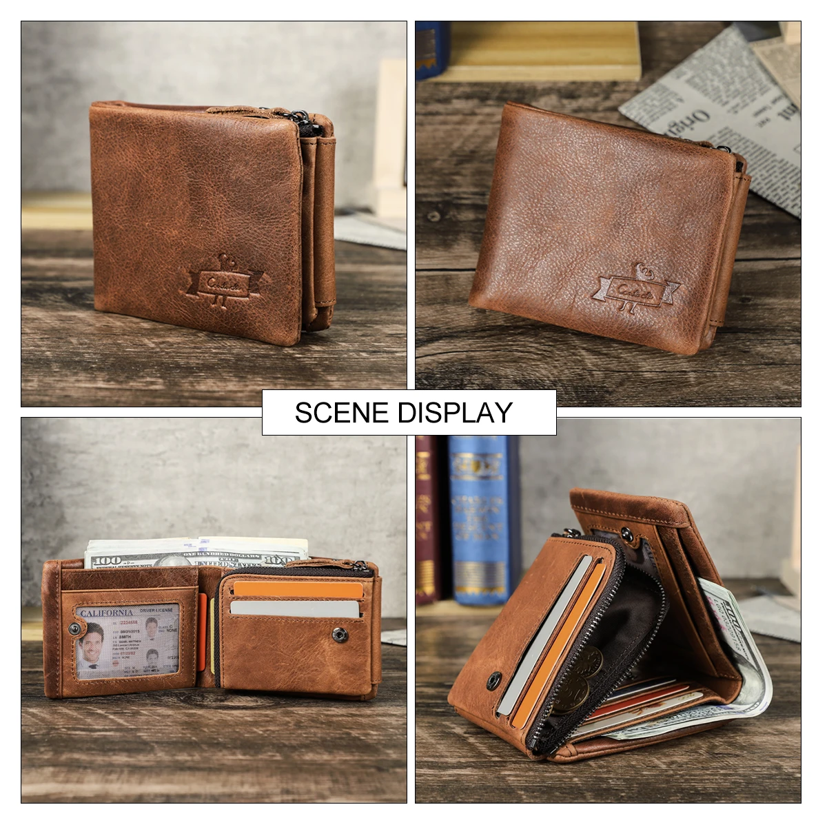 CONTACT'S Genuine Crazy Horse Leather Men Wallets Vintage Trifold Wallet Zip Coin Pocket Purse Cowhide Leather Wallet For Mens